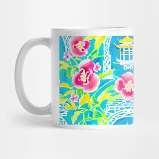 Flowers and pagodas on turquoise Mug